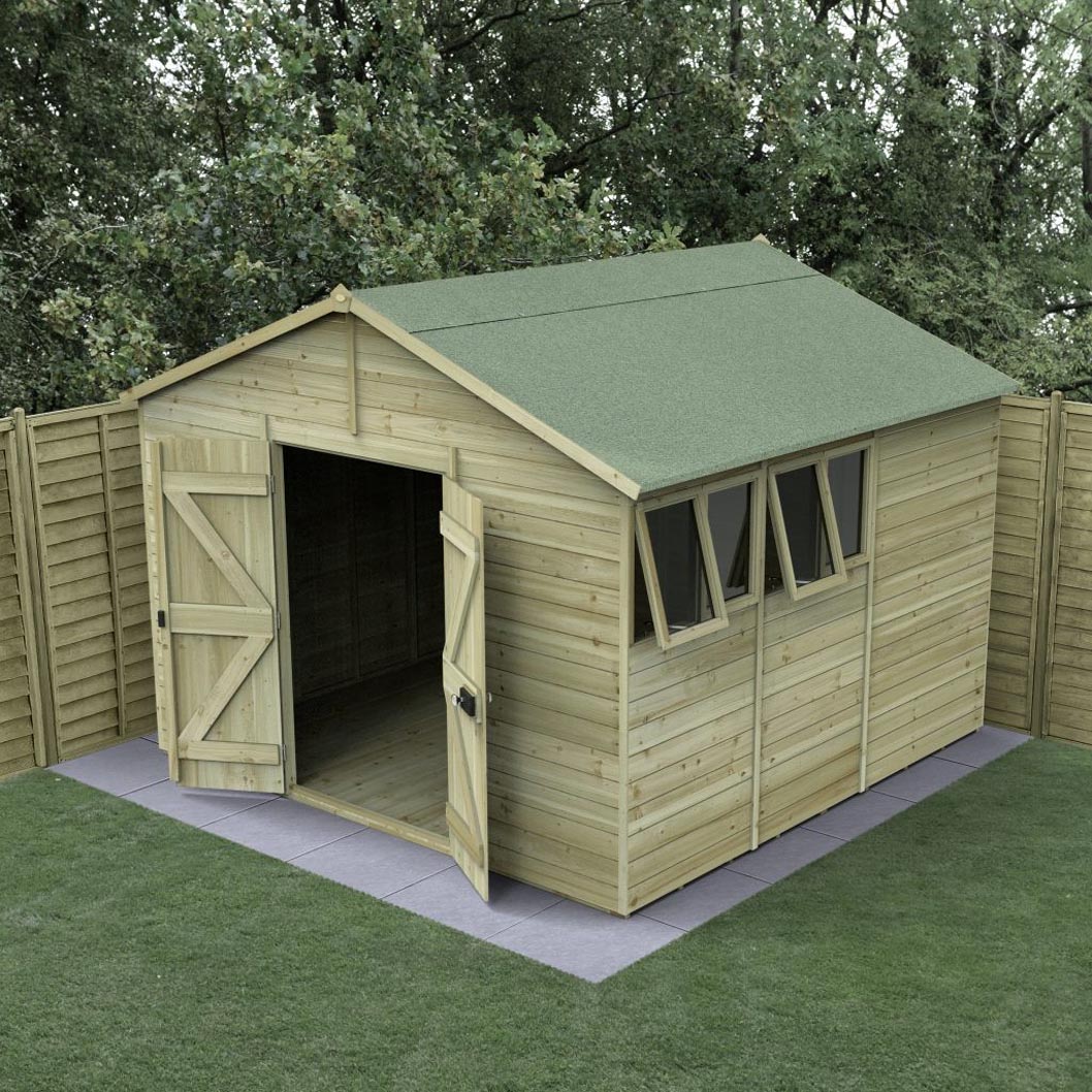 Forest Timberdale 10x10 Apex Shed - Double Door - 4 Windows - 2 Opening - JJ Building Materials