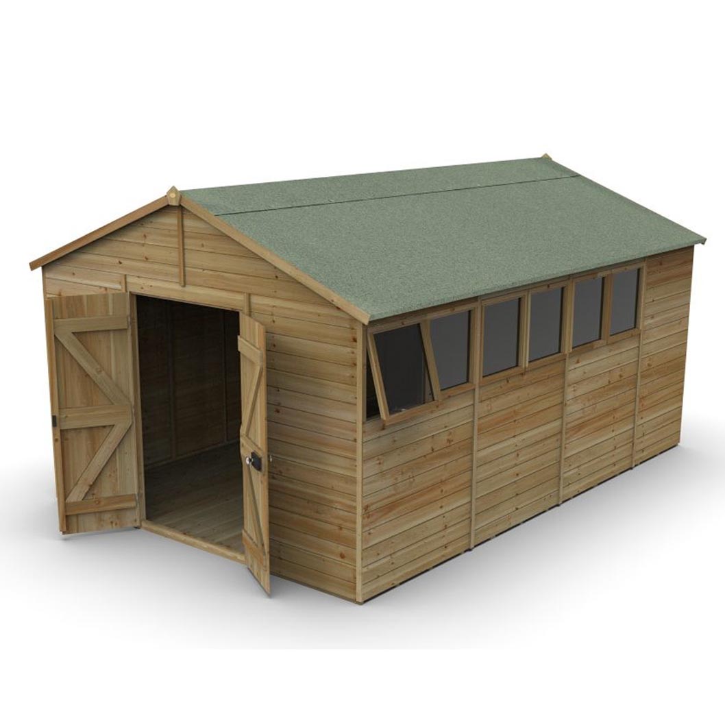 Forest Timberdale 10x15 Apex Shed - Double Door - 6 Windows - 1 Opening - JJ Building Materials