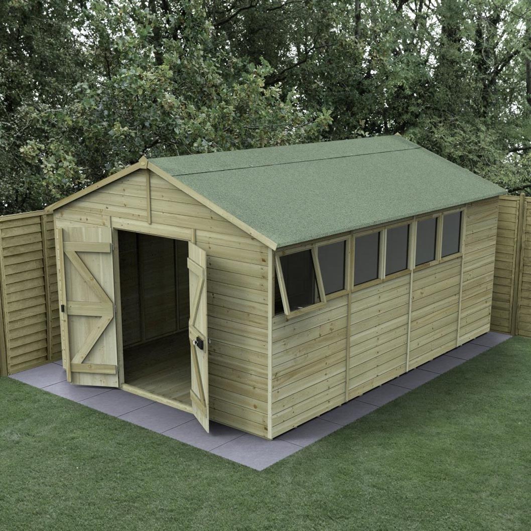 Forest Timberdale 10x15 Apex Shed - Double Door - 6 Windows - 1 Opening - JJ Building Materials