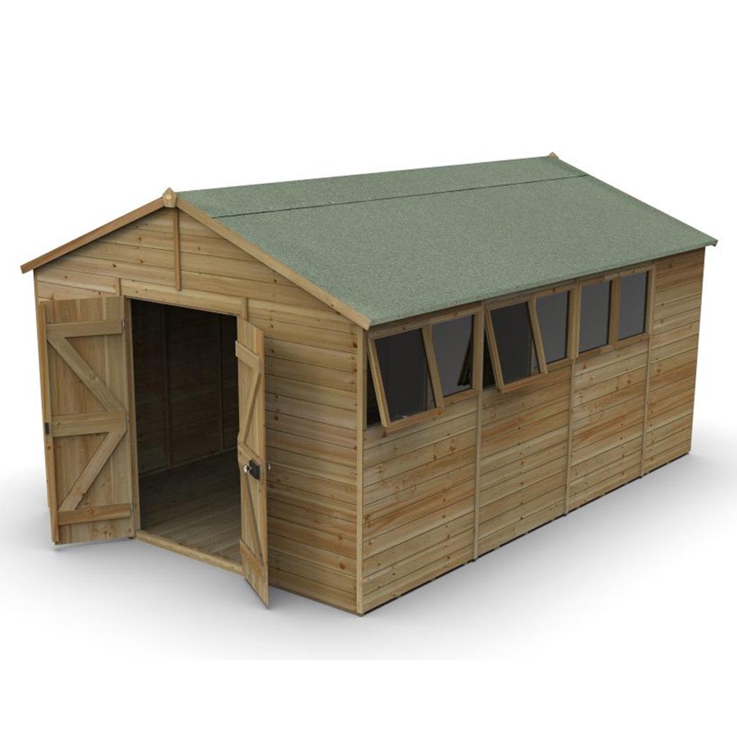 Forest Timberdale 10x15 Apex Shed - Double Door - 6 Windows - 2 Opening - JJ Building Materials