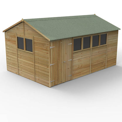 Forest Timberdale 15x10 Reverse Apex Shed - Double Door - 6 Window - 1 Opening - JJ Building Materials
