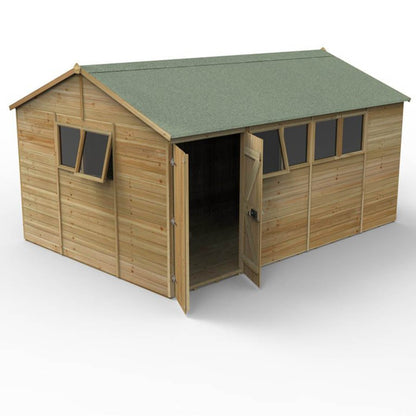 Forest Timberdale 15x10 Reverse Apex Shed - Double Door - 6 Window - 2 Opening - JJ Building Materials