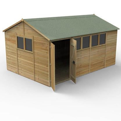 Forest Timberdale 15x10 Reverse Apex Shed - Double Door - 6 Window - 2 Opening - JJ Building Materials
