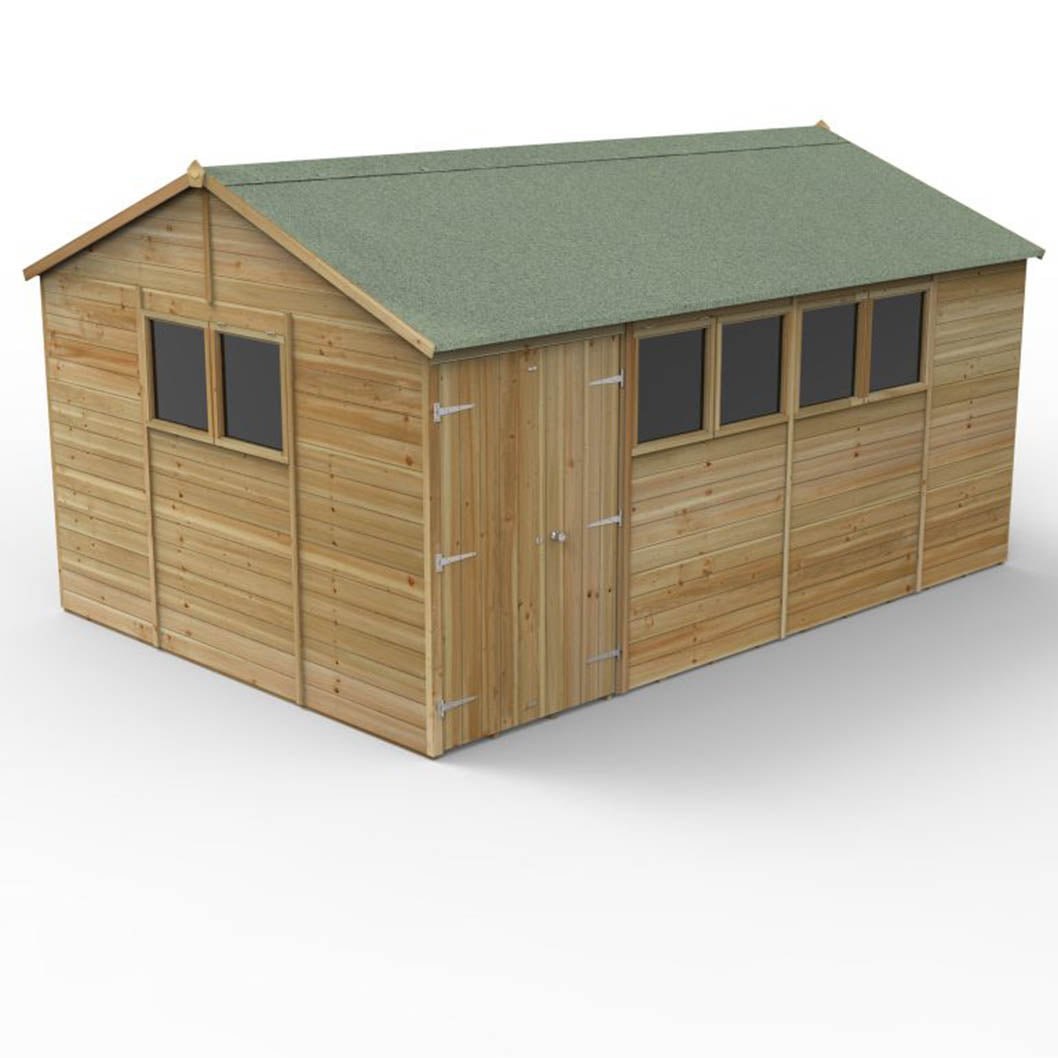 Forest Timberdale 15x10 Reverse Apex Shed - Double Door - 6 Window - 2 Opening - JJ Building Materials