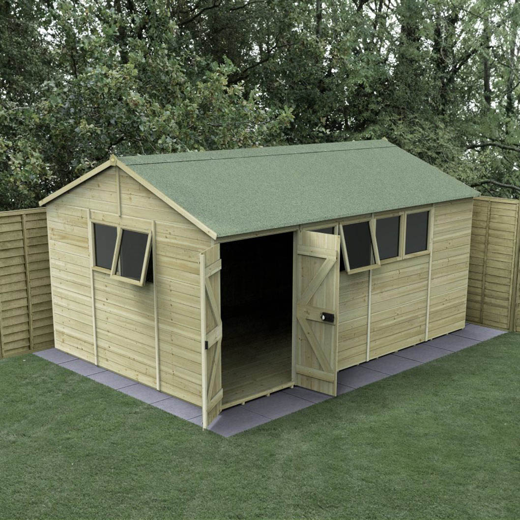 Forest Timberdale 15x10 Reverse Apex Shed - Double Door - 6 Window - 2 Opening - JJ Building Materials