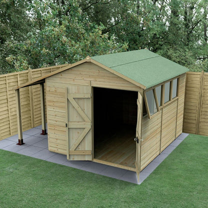 Forest Timberdale 8x10 Apex Shed - Double Door - 4 Windows - 1 Opening - With Lean-To - JJ Building Materials