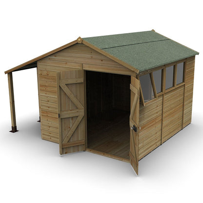 Forest Timberdale 8x10 Apex Shed - Double Door - 4 Windows - 1 Opening - With Lean-To - JJ Building Materials