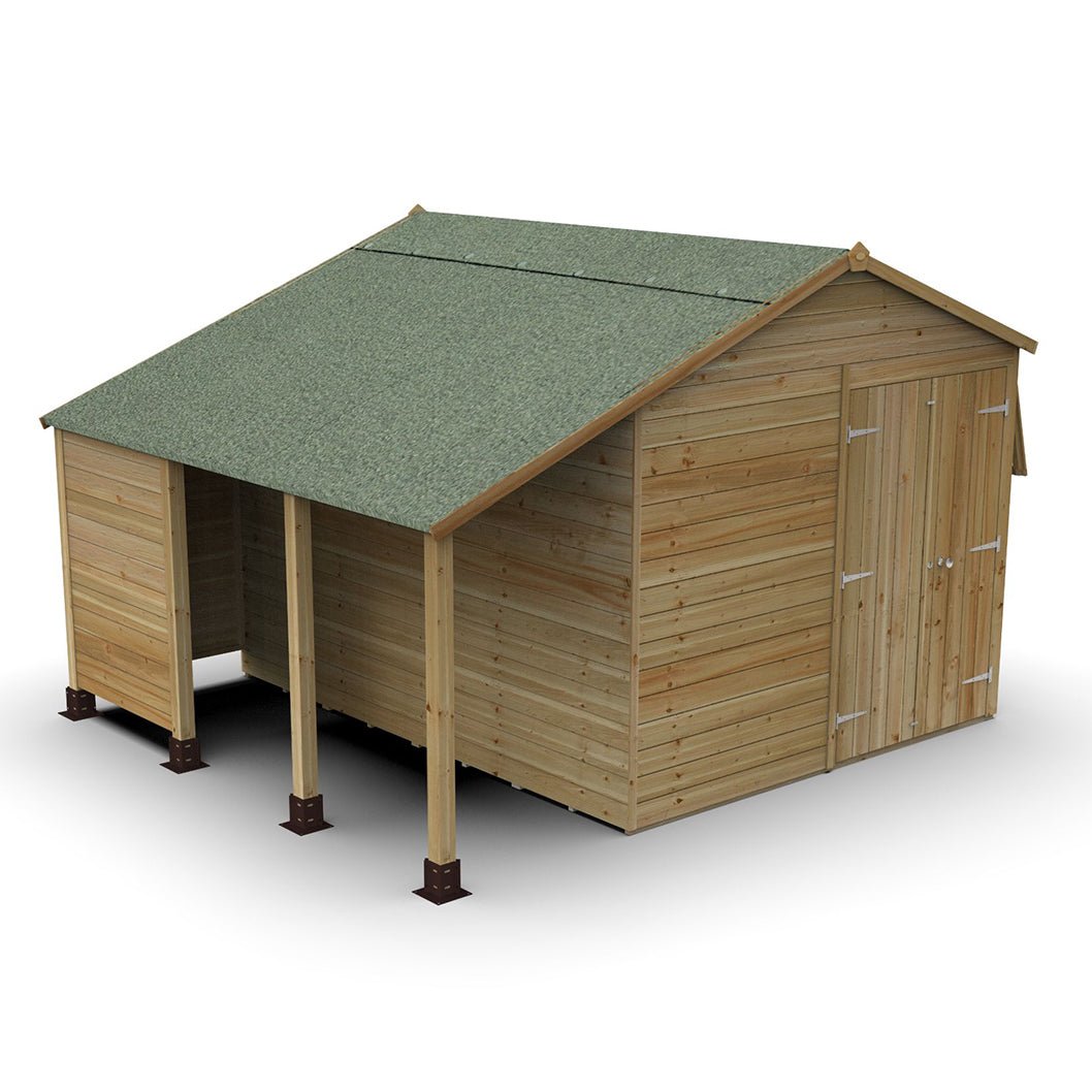Forest Timberdale 8x10 Apex Shed - Double Door - 4 Windows - 1 Opening - With Lean-To - JJ Building Materials