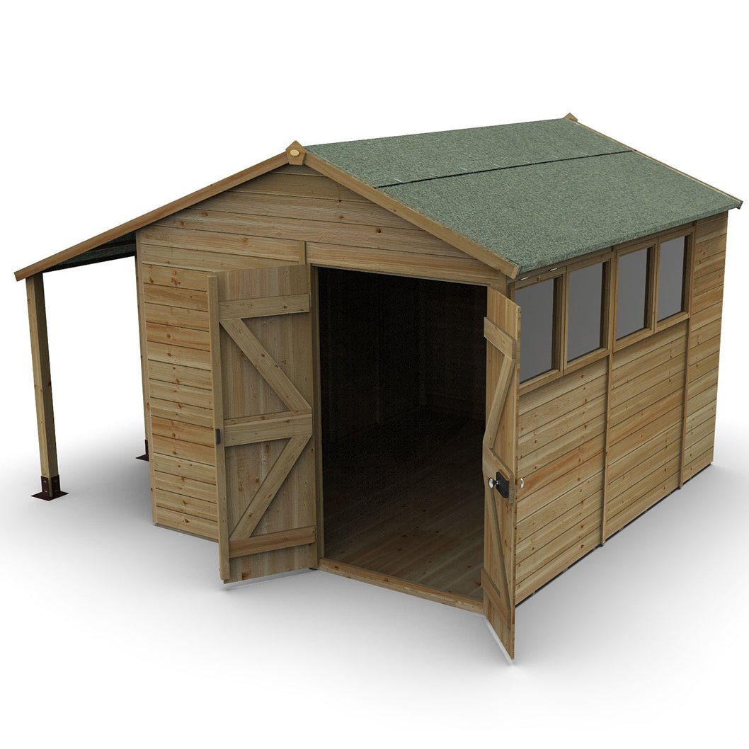 Forest Timberdale 8x10 Apex Shed - Double Door - 4 Windows - 1 Opening - With Lean-To - JJ Building Materials