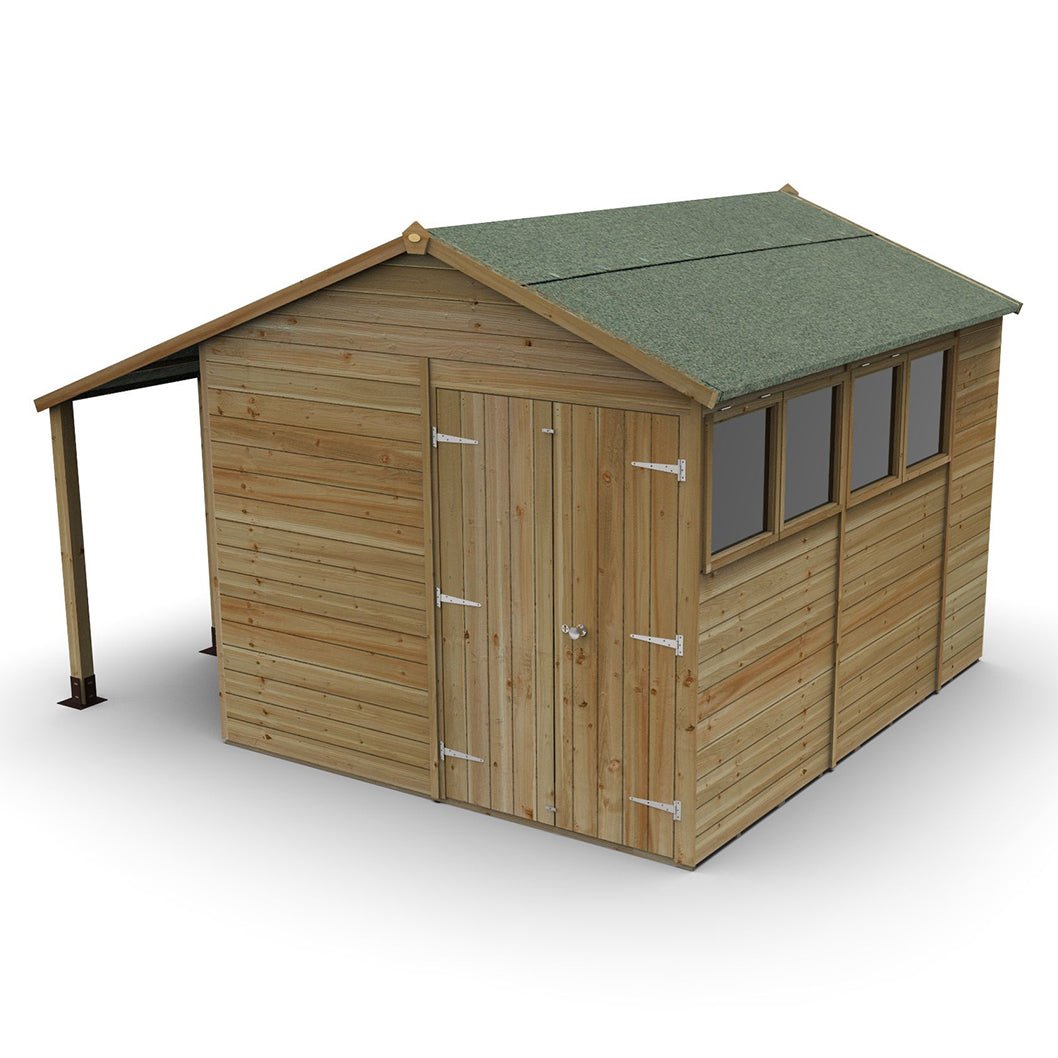 Forest Timberdale 8x10 Apex Shed - Double Door - 4 Windows - 2 Opening - With Lean-To - JJ Building Materials