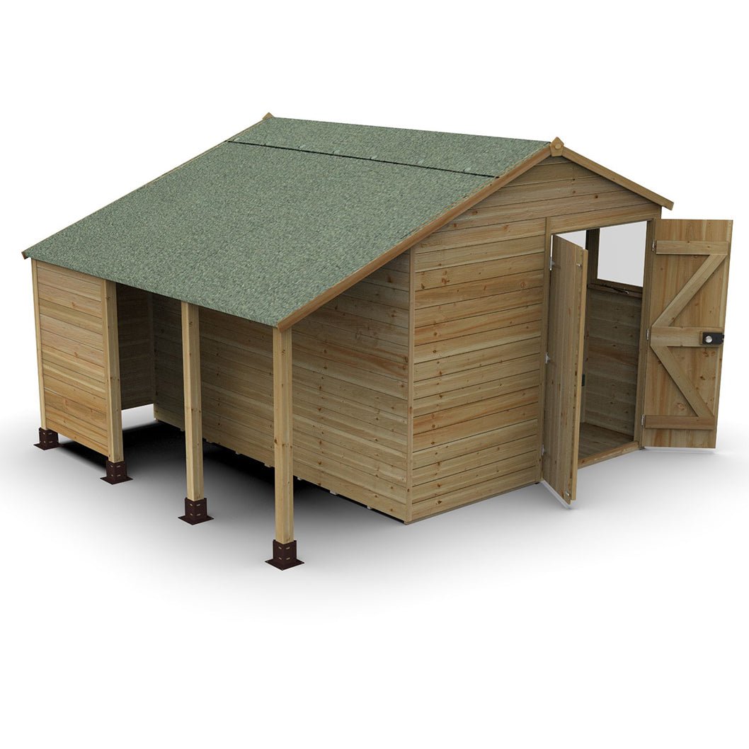 Forest Timberdale 8x10 Apex Shed - Double Door - 4 Windows - 2 Opening - With Lean-To - JJ Building Materials