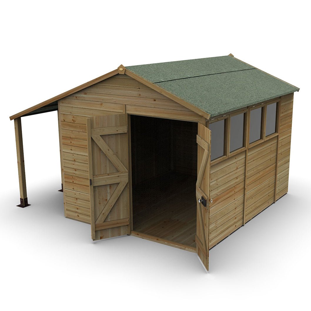 Forest Timberdale 8x10 Apex Shed - Double Door - 4 Windows - 2 Opening - With Lean-To - JJ Building Materials