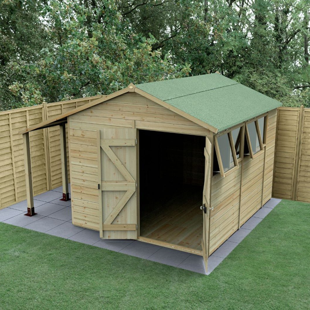 Forest Timberdale 8x10 Apex Shed - Double Door - 4 Windows - 2 Opening - With Lean-To - JJ Building Materials