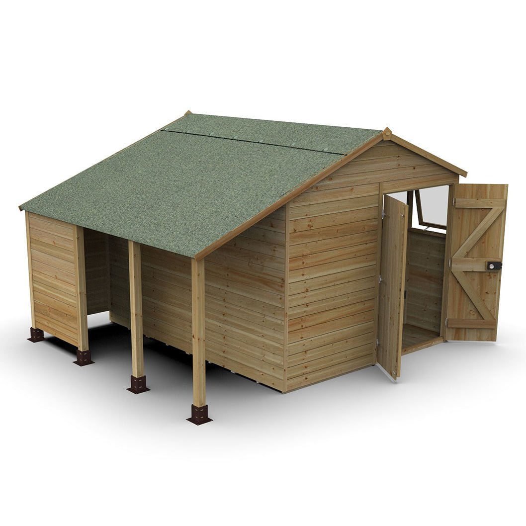 Forest Timberdale 8x10 Apex Shed - Double Door - 4 Windows - 2 Opening - With Lean-To - JJ Building Materials