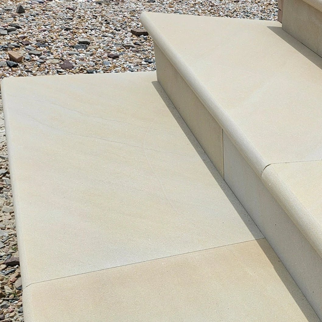 Fossil Sawn 40mm Sandstone - Bullnose Coping Stones - Sawn & Honed - 600×300mm - JJ Building Materials