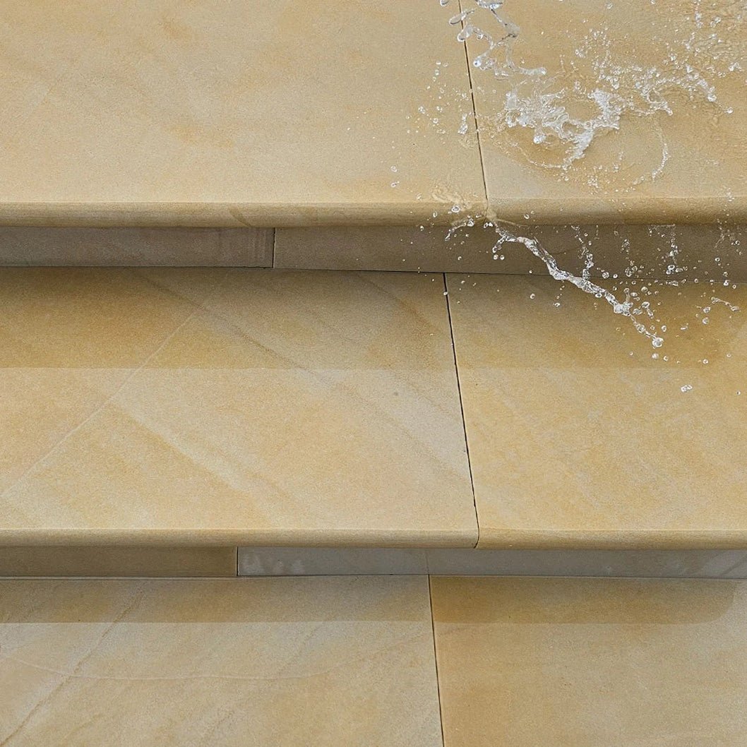 Fossil Sawn 40mm Sandstone - Bullnose Step Corners - Sawn & Honed - 400×400mm - JJ Building Materials