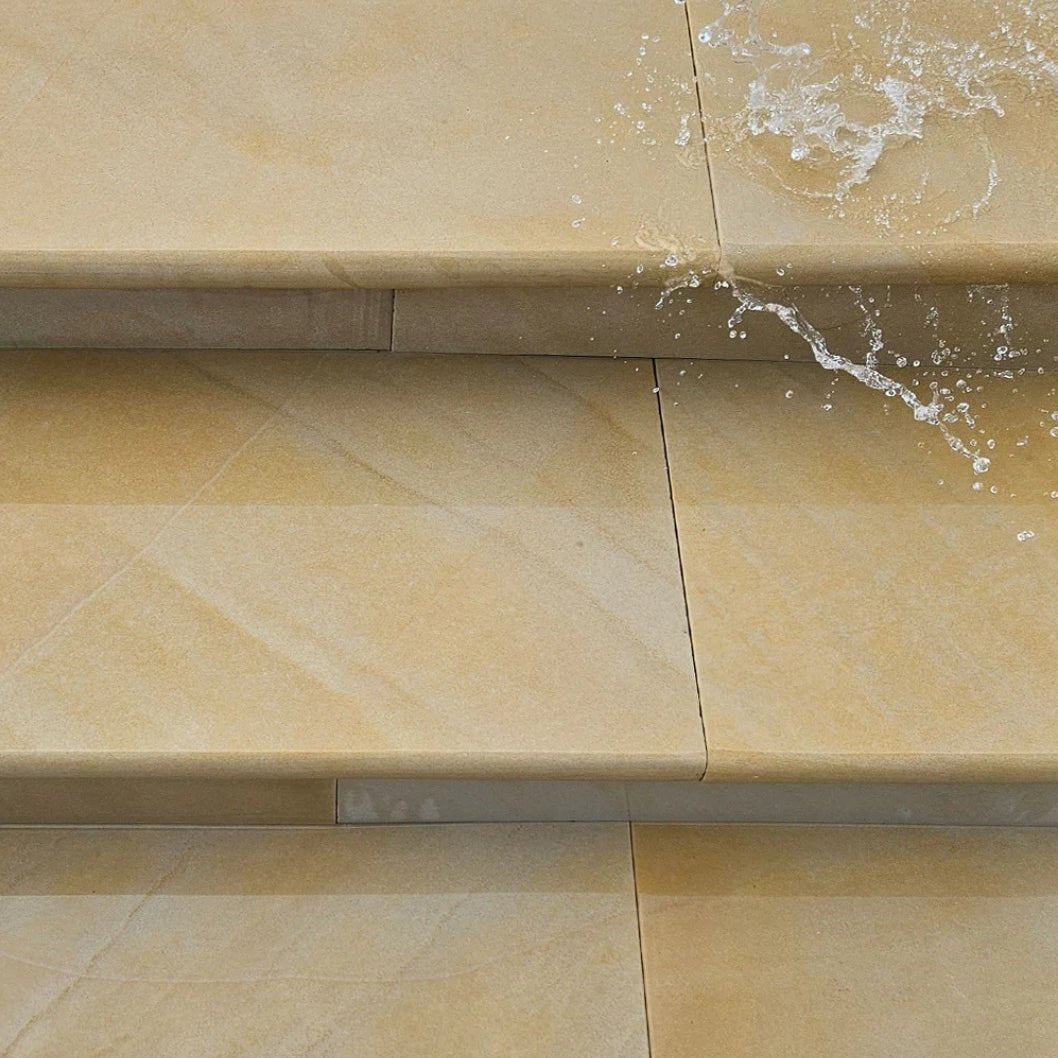 Fossil Sawn 40mm Sandstone - Bullnose Step Corners - Sawn & Honed - 400×400mm - JJ Building Materials