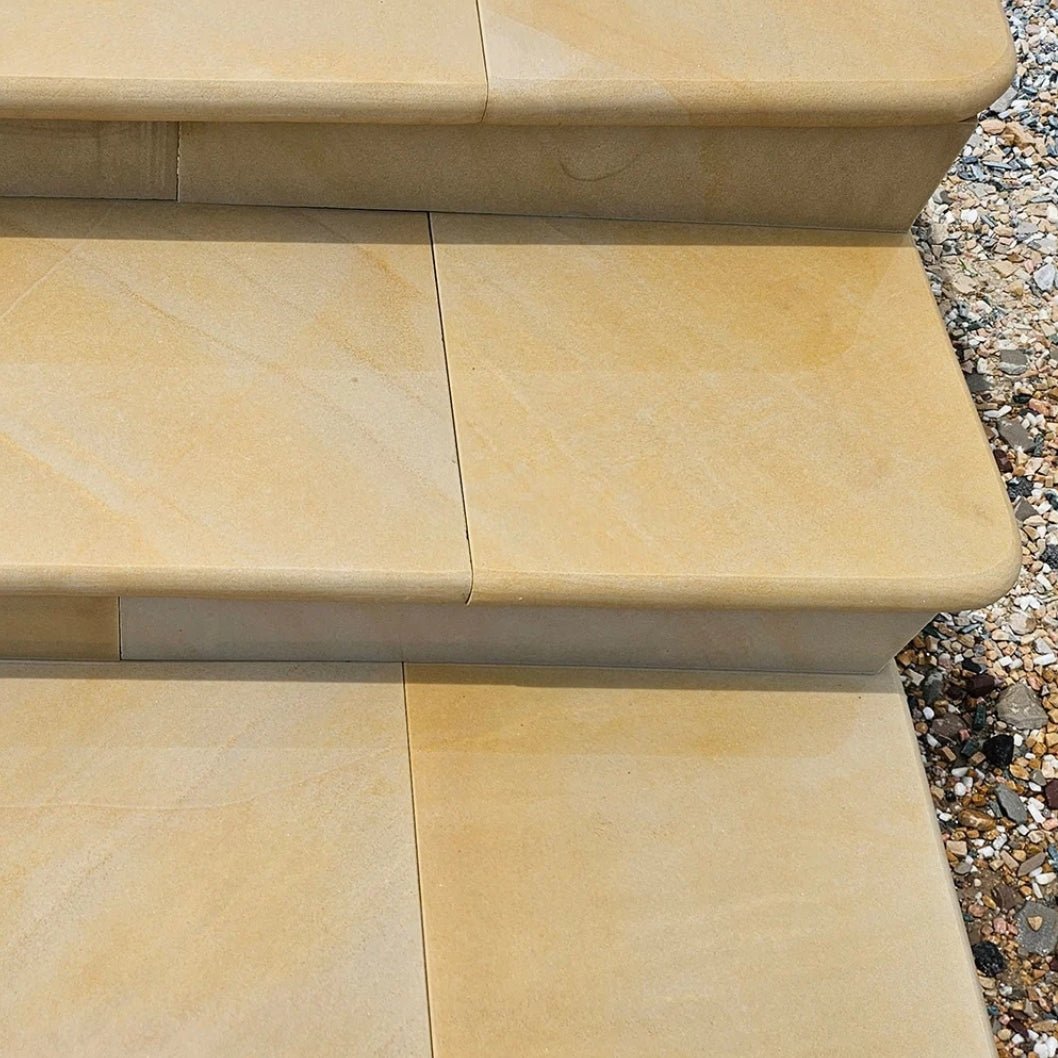 Fossil Sawn 40mm Sandstone - Bullnose Step Corners - Sawn & Honed - 400×400mm - JJ Building Materials