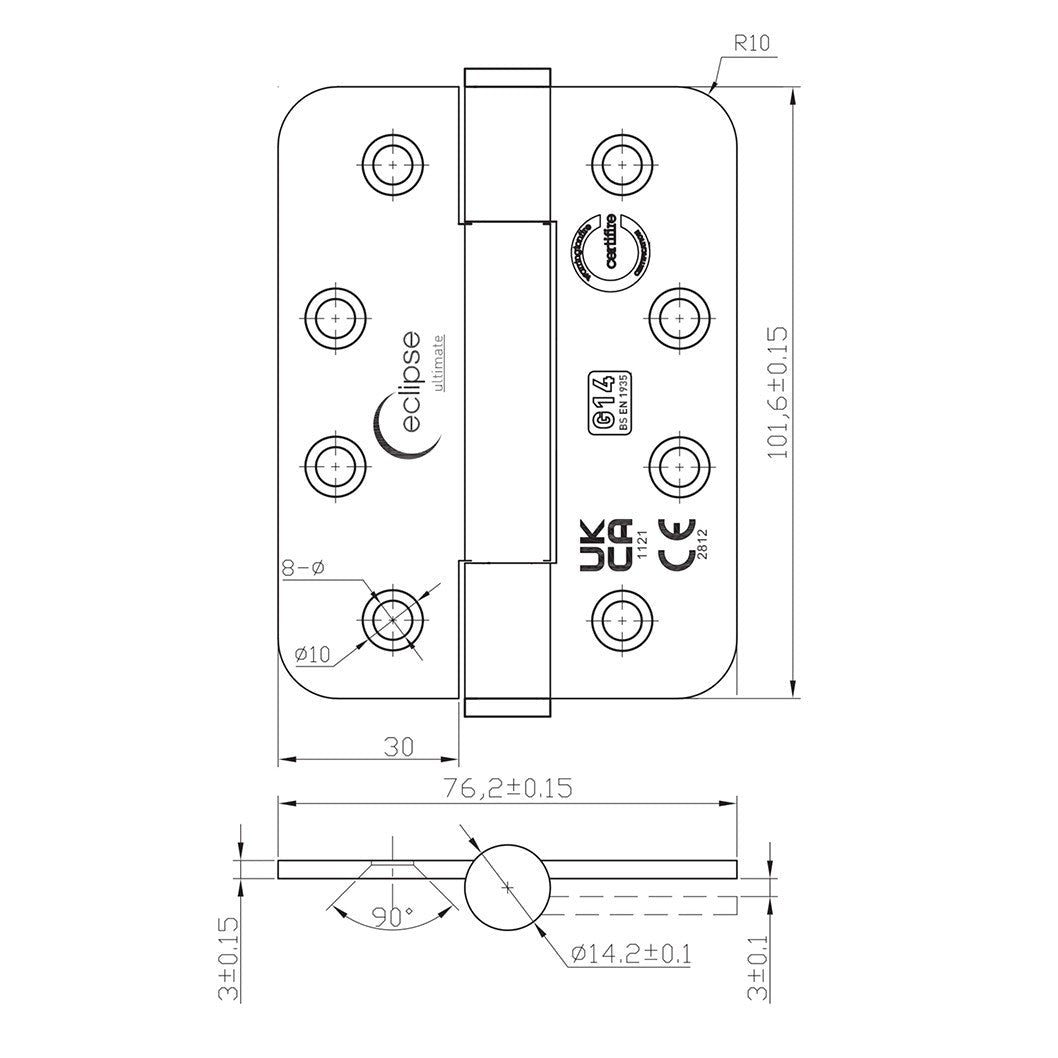 Frisco Eclipse 102x76x3mm Concealed Bearing Hinge Radius Grade 14 SS201 - JJ Building Materials
