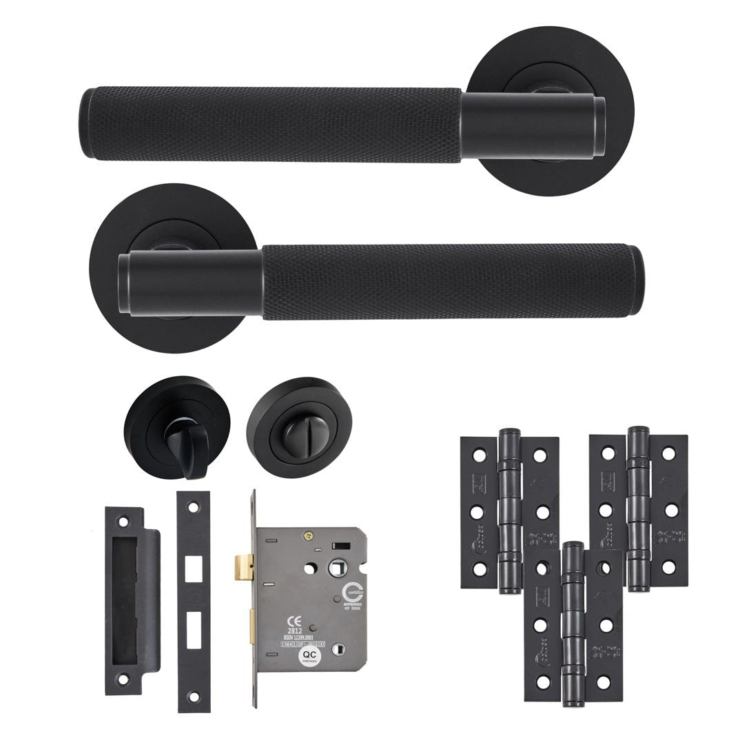 Frisco Eclipse Knurled Insignia Bathroom Pack c/w 76mm Lock 3no 76x51mm Hinges - JJ Building Materials