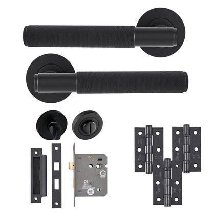 Frisco Eclipse Knurled Insignia Bathroom Pack c/w 76mm Lock 3no 76x51mm Hinges - JJ Building Materials