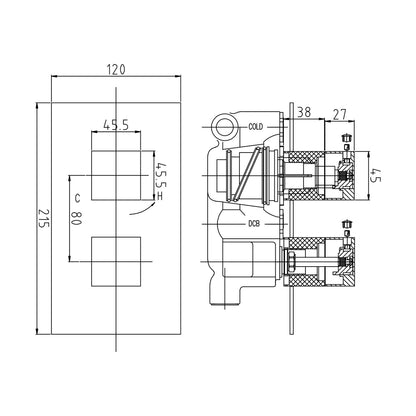 Hudson Reed 1 Outlet Valves Twin Thermostatic Shower Valve Contemp Chrome Brass Abs 215x120x135mm - SQR3210 - JJ Building Materials
