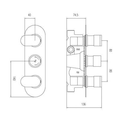 Hudson Reed 2 Outlet Valves Triple Thermostatic Shower Valve Contemp Chrome Brass Abs 280x80x136mm - JJ Building Materials