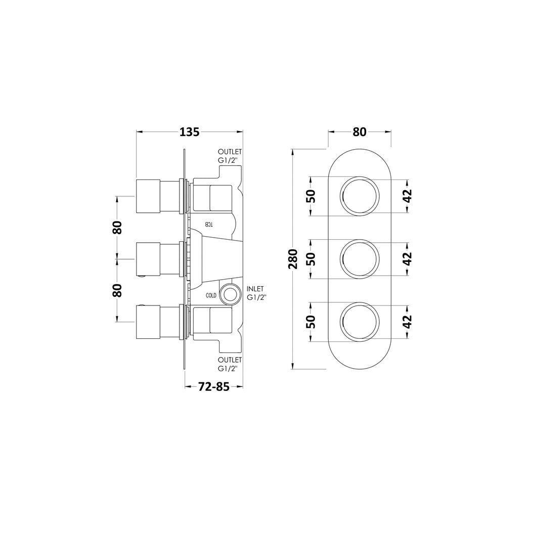 Hudson Reed 2 Outlet Valves Triple Valve Contemp Chrome Brass Abs 280x80x136mm - RNDTR02 - JJ Building Materials