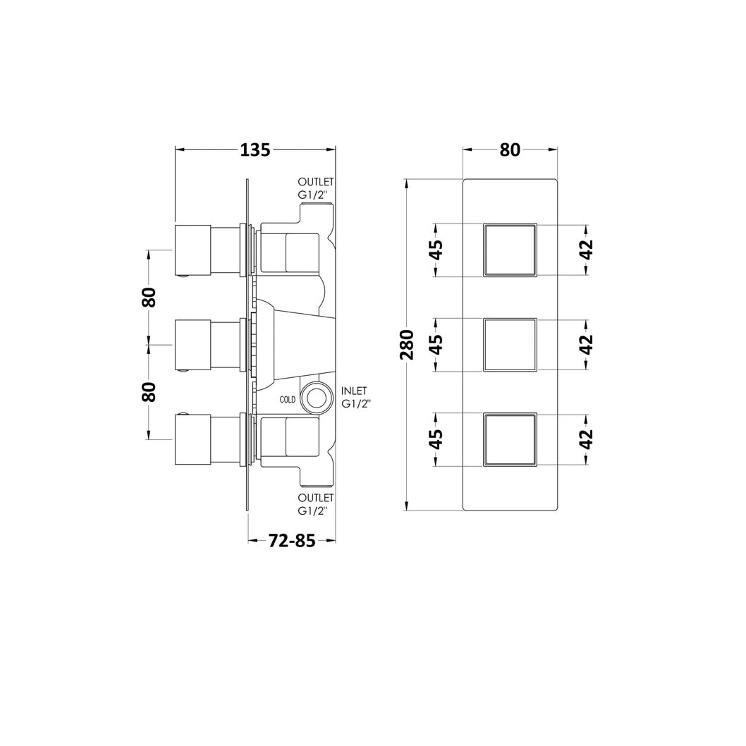 Hudson Reed 2 Outlet Valves Triple Valve Contemp Chrome Brass Abs 280x80x136mm - SQRTR02 - JJ Building Materials