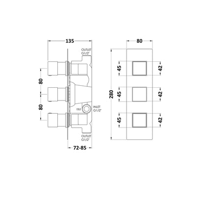 Hudson Reed 2 Outlet Valves Triple Valve Contemp Chrome Brass Abs 280x80x136mm - SQRTR02 - JJ Building Materials