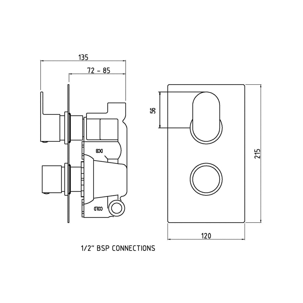 Hudson Reed 2 Outlet Valves Twin Valve With Diverter Contemp Chrome Brass Abs 215x120x135mm - JJ Building Materials