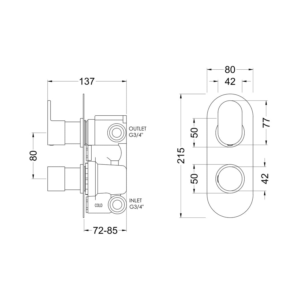 Hudson Reed 2 Outlet Valves Twin Valve With Diverter Contemp Chrome Brass Abs 215x80x136mm - REI3407 - JJ Building Materials