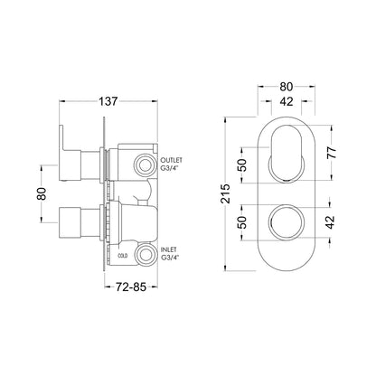 Hudson Reed 2 Outlet Valves Twin Valve With Diverter Contemp Chrome Brass Abs 215x80x136mm - REI3407 - JJ Building Materials
