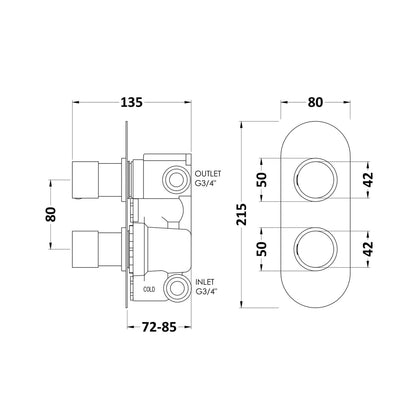 Hudson Reed 2 Outlet Valves Twin Valve With Diverter Contemp Chrome Brass Abs 215x80x136mm - RNDTW02 - JJ Building Materials
