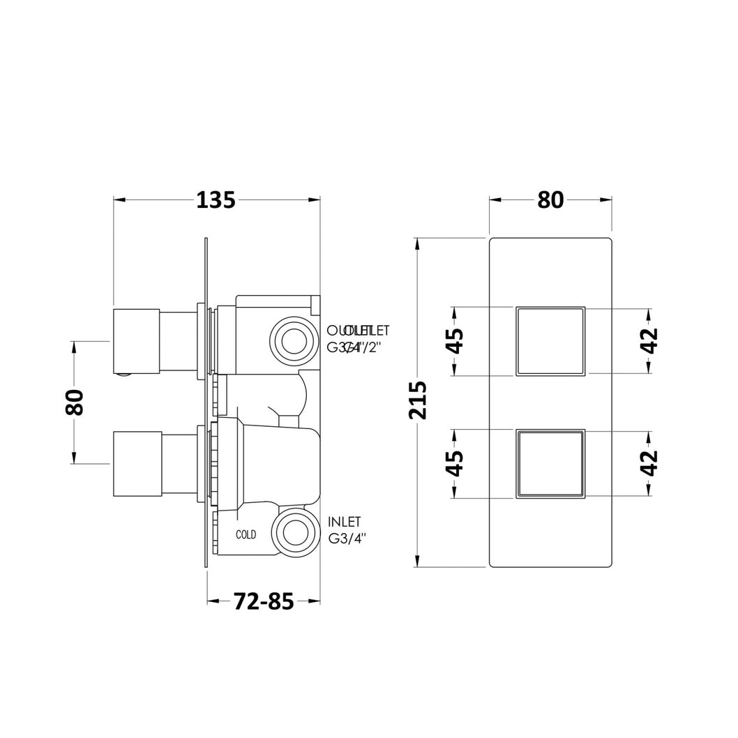 Hudson Reed 2 Outlet Valves Twin Valve With Diverter Contemp Chrome Brass Abs 215x80x136mm - SQRTW02 - JJ Building Materials