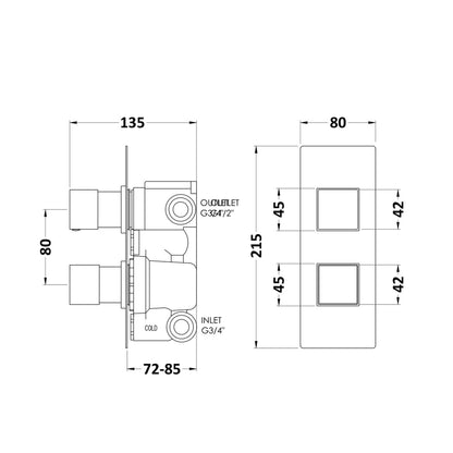 Hudson Reed 2 Outlet Valves Twin Valve With Diverter Contemp Chrome Brass Abs 215x80x136mm - SQRTW02 - JJ Building Materials