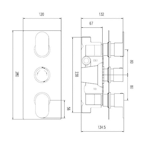 Hudson Reed 3 Outlet Valves Triple Thermostatic Shower Valve With Diverter Contemp Chrome Brass Abs 280x120x135mm - JJ Building Materials