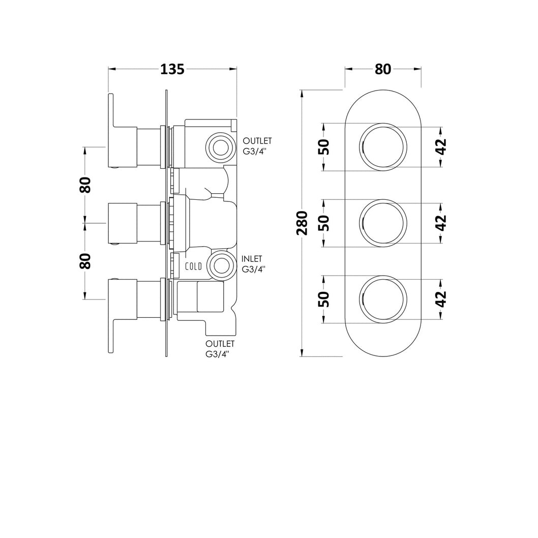 Hudson Reed 3 Outlet Valves Triple Valve With Diverter Contemp Chrome Brass Abs 280x95x136mm - RNDTR03 - JJ Building Materials