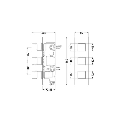 Hudson Reed 3 Outlet Valves Triple Valve With Diverter Contemp Chrome Brass Abs 280x95x136mm - SQRTR03 - JJ Building Materials