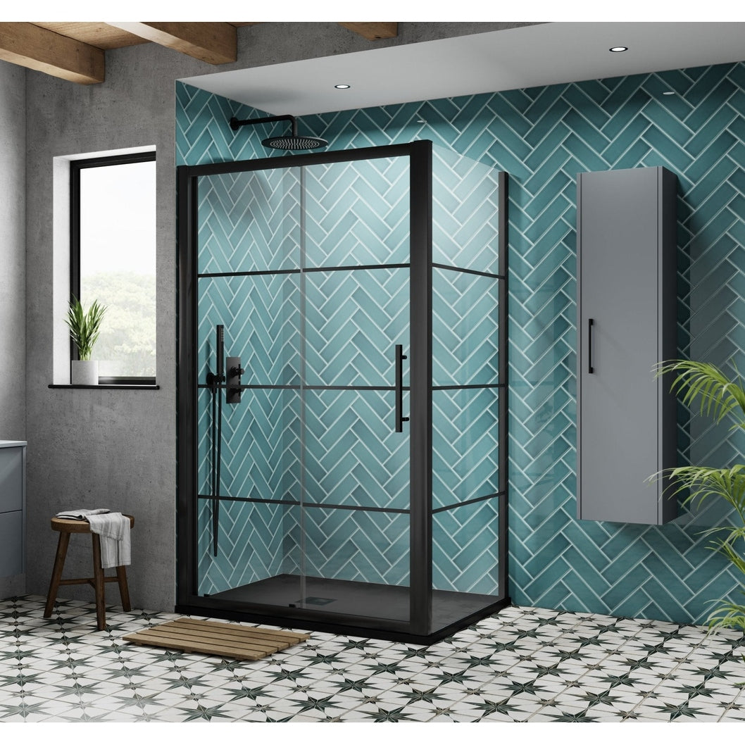 Hudson Reed Apex 1400mm Sliding Shower Door Contemp Matt Black Aluminium,metal 1950x1390x44mm - JJ Building Materials