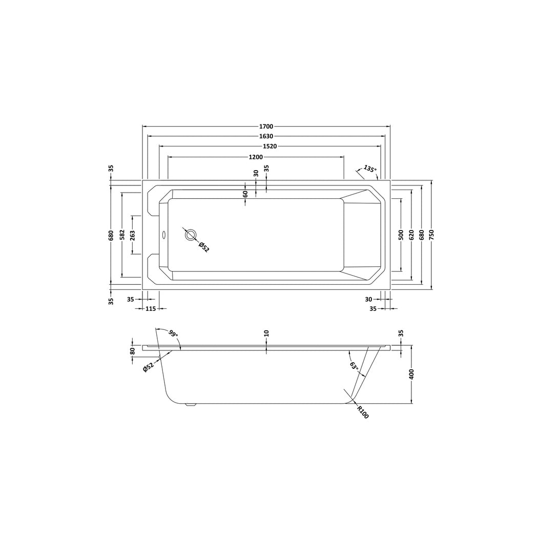 Hudson Reed Ascott Art Deco Bath (1700x750) Trad White Acrylic - JJ Building Materials