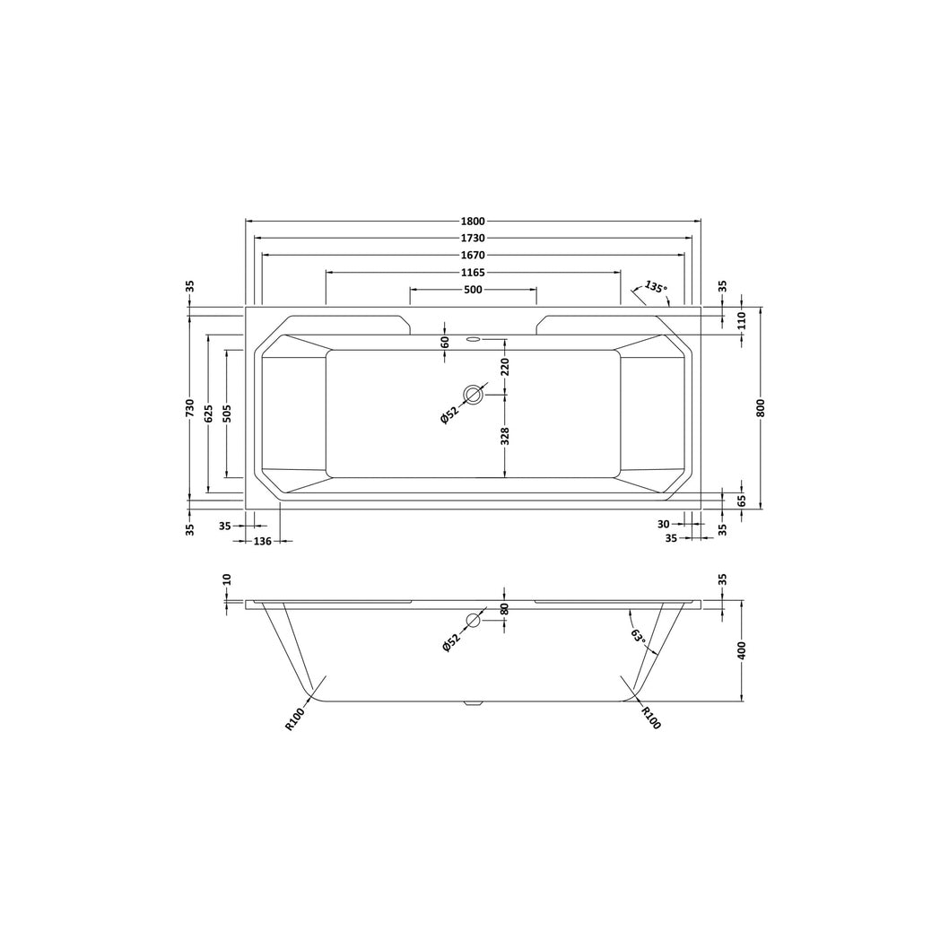 Hudson Reed Ascott Art Deco Bath (1800x800) Trad White Acrylic - JJ Building Materials