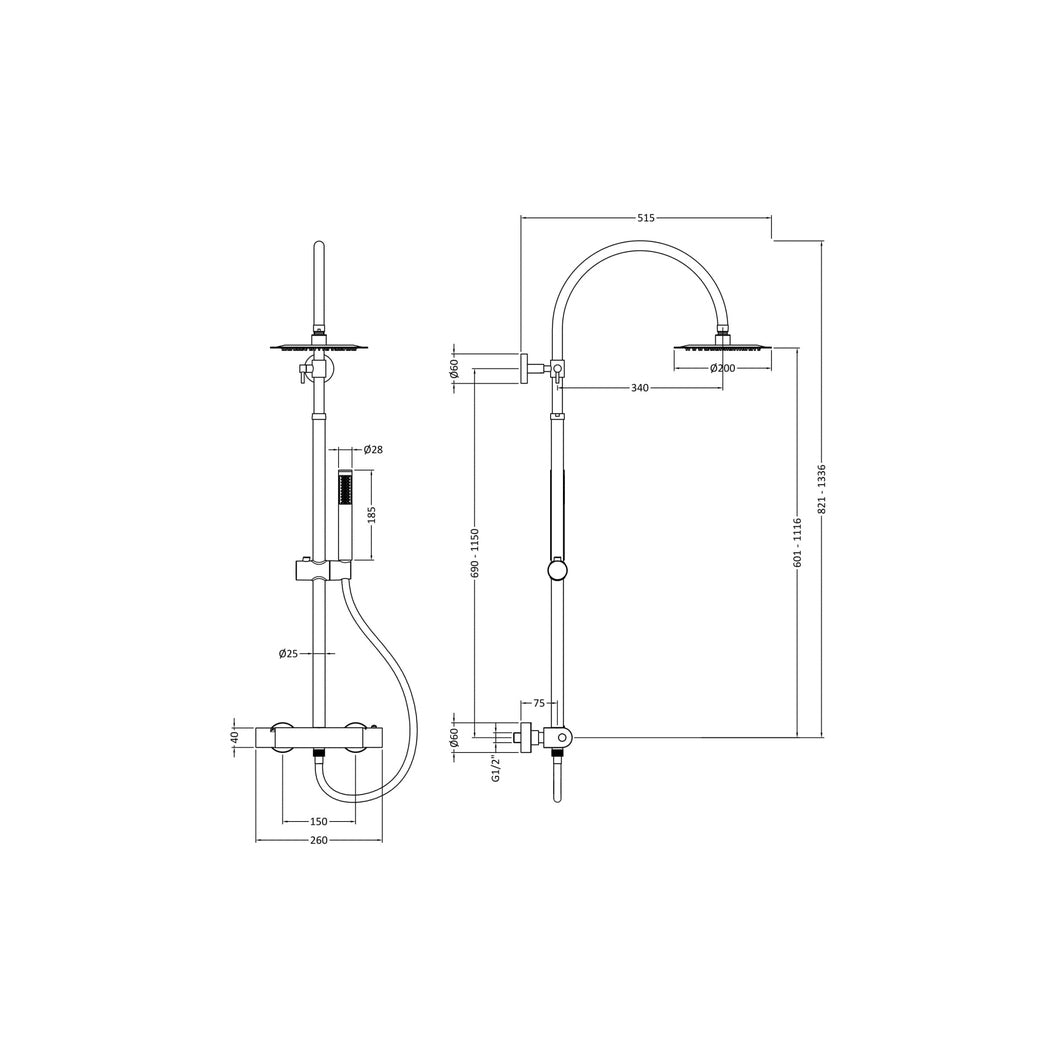 Hudson Reed Bar Mixer Shower Sets Round Brass Thermostatic Bar Valve & Shower Kit Contemp Chrome 1336x260x415mm - JJ Building Materials