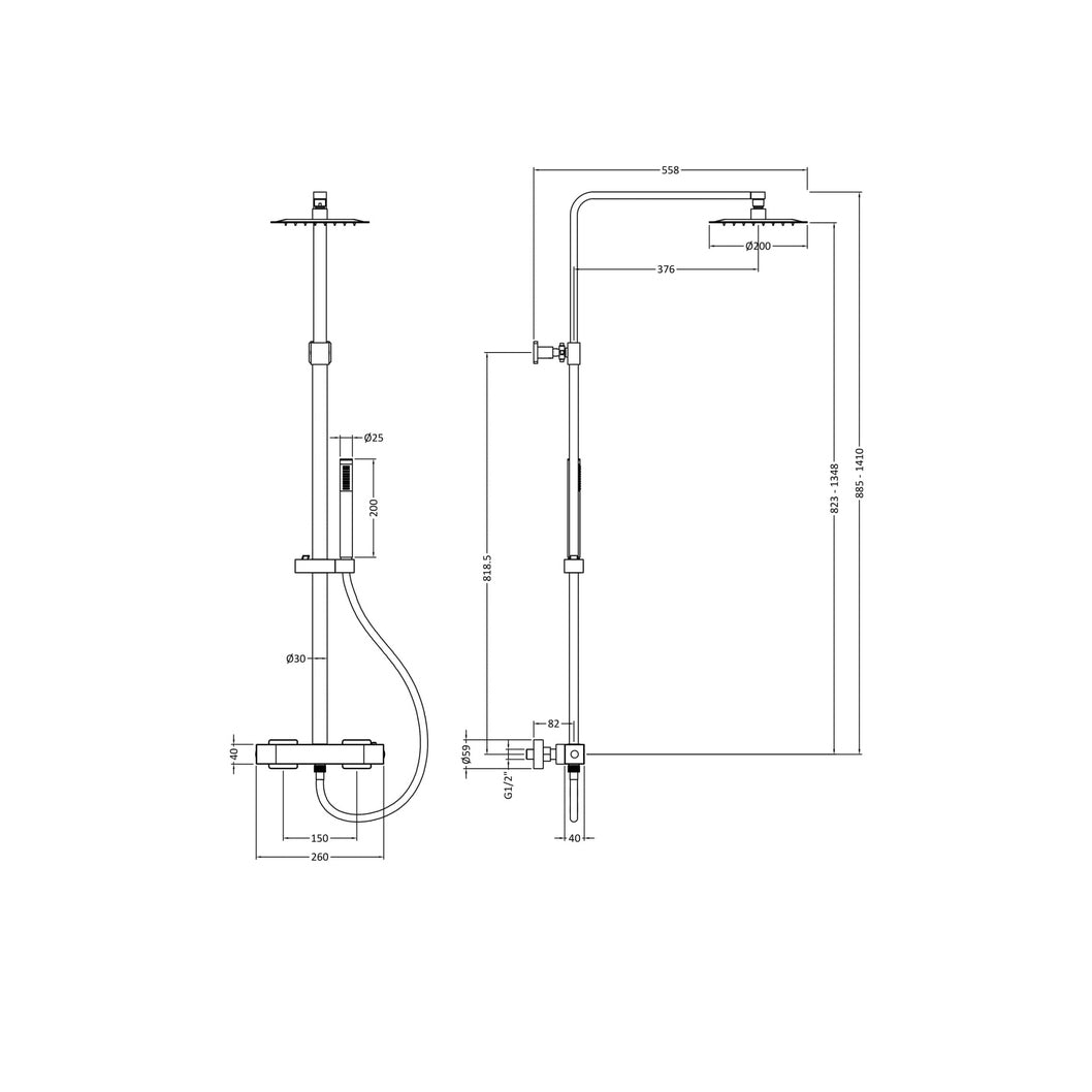 Hudson Reed Bar Mixer Shower Sets Square Brass Thermostatic Bar Valve & Shower Kit Contemp Chrome 1410x260x458mm - JJ Building Materials