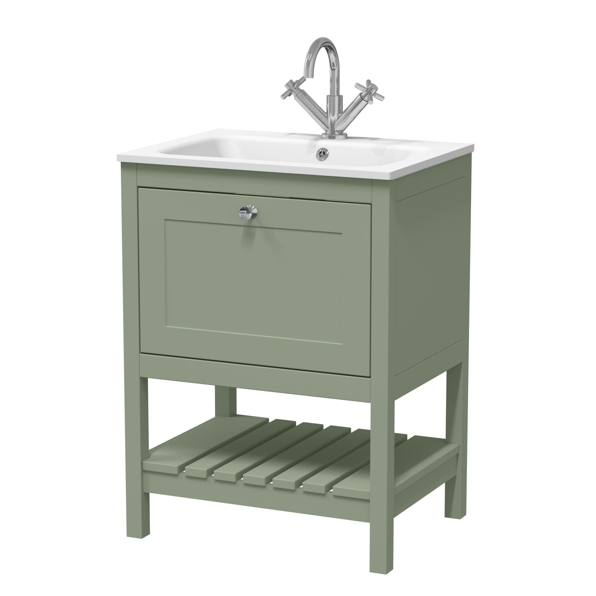 Hudson Reed Bexley 600mm Floor Standing Drawer & Stone Basin 1th Trad Fern Green MDF Vinyl Smooth Matt,stone 816x610x460mm - BEX825P - JJ Building Materials