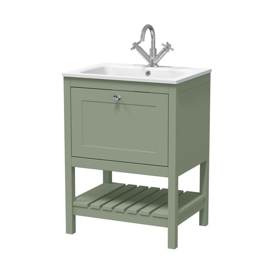 Hudson Reed Bexley 600mm Floor Standing Drawer & Stone Basin 1th Trad Fern Green MDF Vinyl Smooth Matt,stone 816x610x460mm - BEX825P - JJ Building Materials