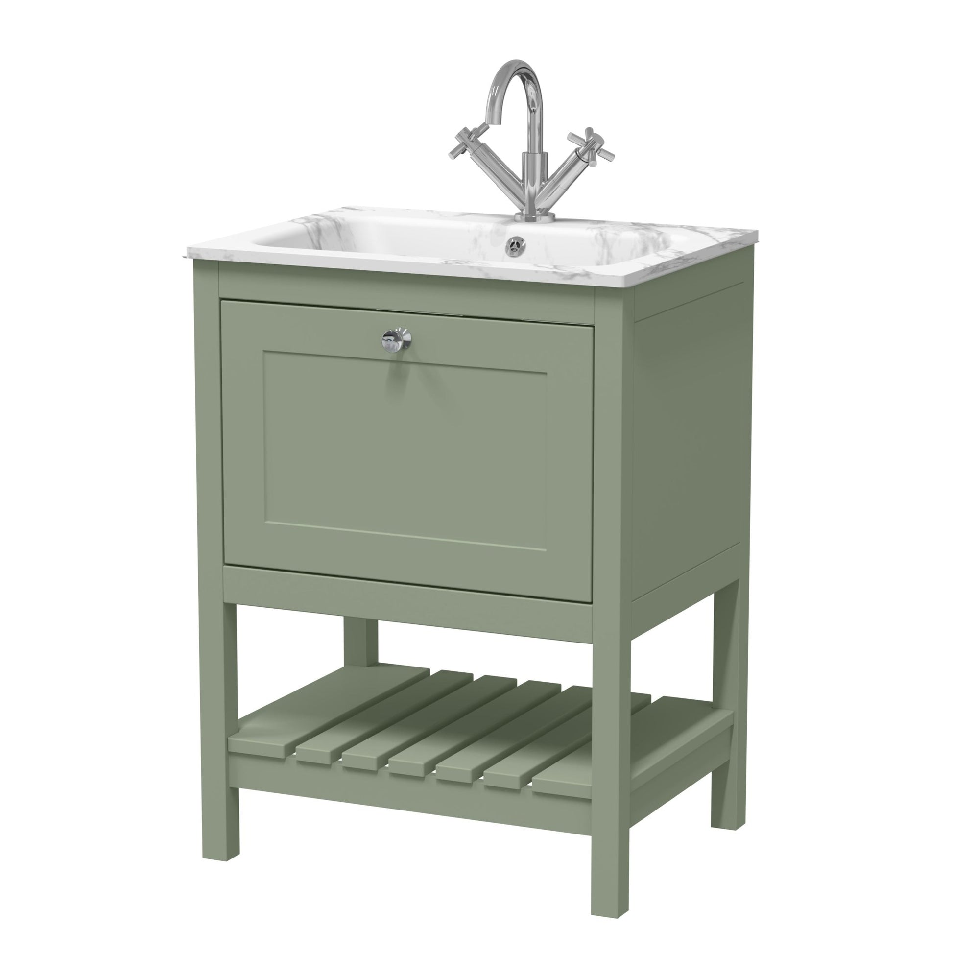Hudson Reed Bexley 600mm Floor Standing Drawer & Stone Basin 1th Trad Fern Green MDF Vinyl Smooth Matt,stone 816x610x460mm - BEX825Q - JJ Building Materials
