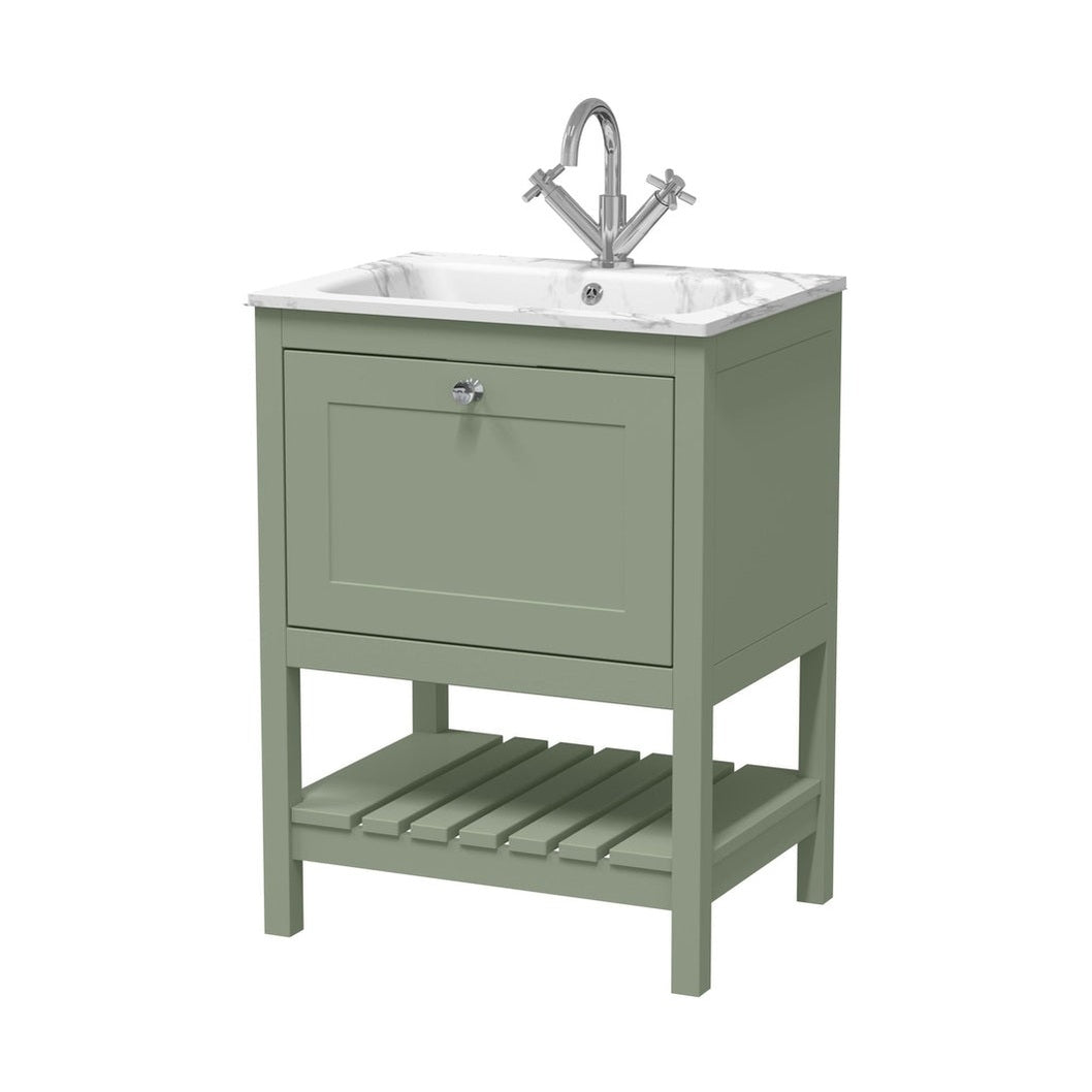 Hudson Reed Bexley 600mm Floor Standing Drawer & Stone Basin 1th Trad Fern Green MDF Vinyl Smooth Matt,stone 816x610x460mm - BEX825Q - JJ Building Materials