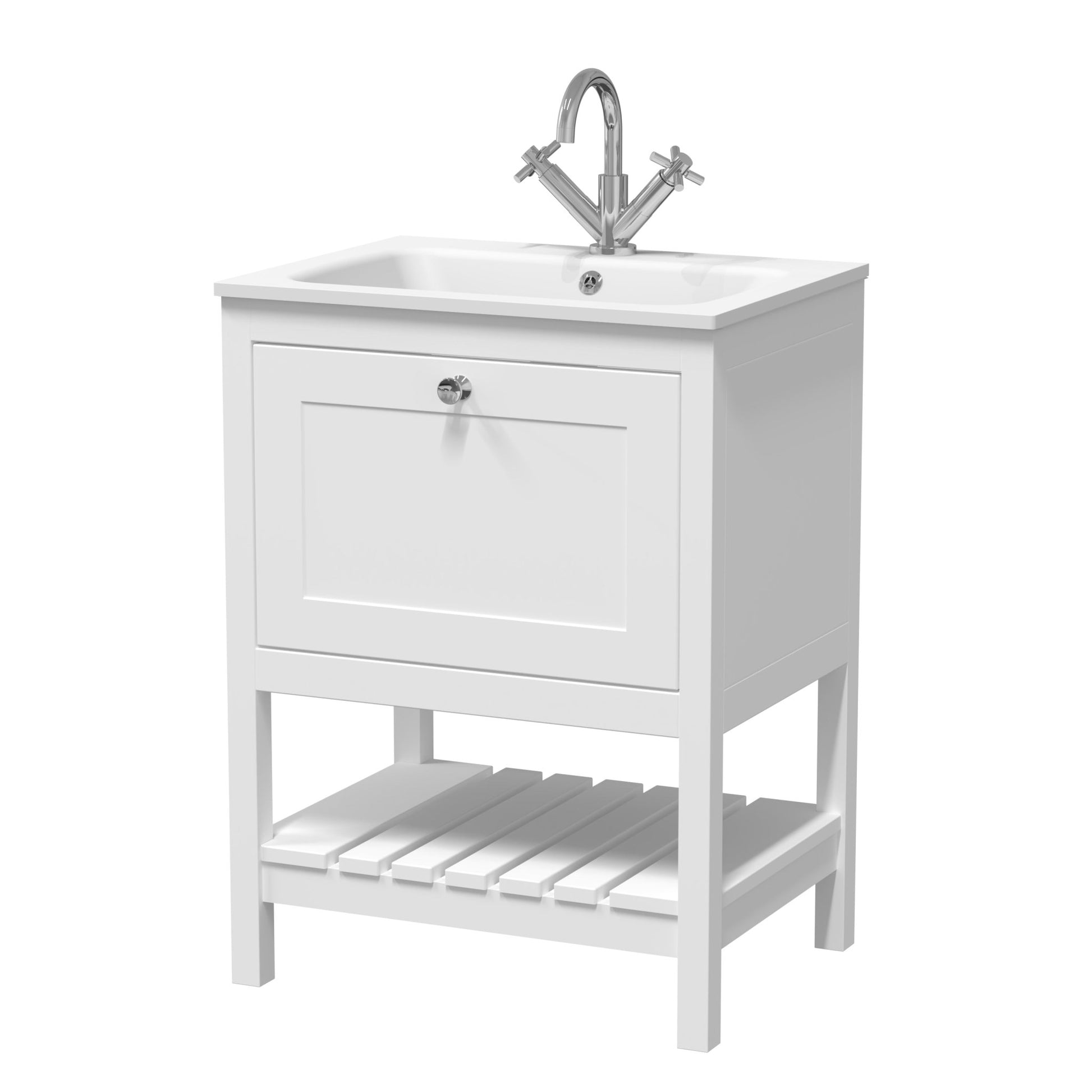 Hudson Reed Bexley 600mm Floor Standing Drawer & Stone Basin 1th Trad Pure White MDF Vinyl Smooth Matt,stone 816x610x460mm - BEX125P - JJ Building Materials