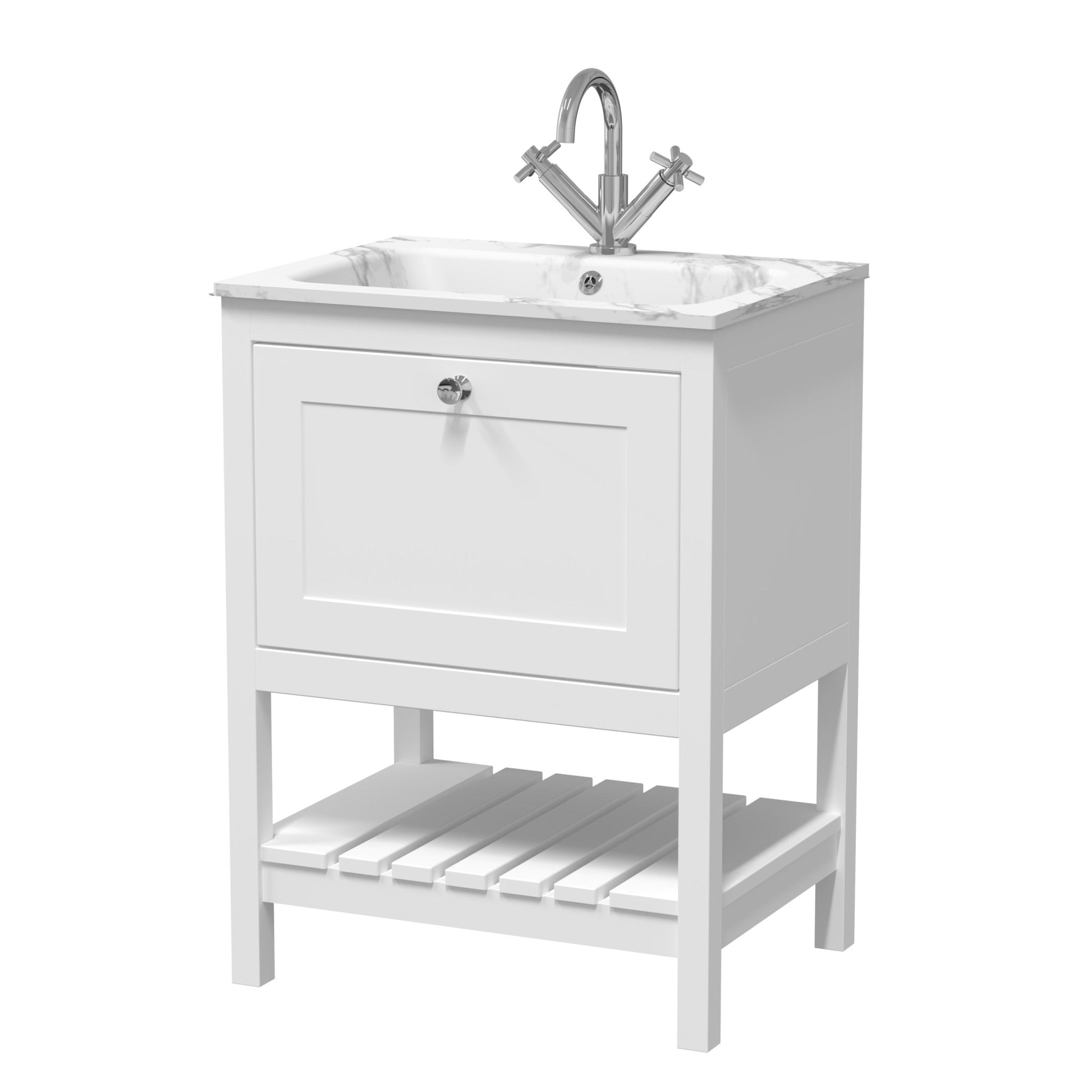 Hudson Reed Bexley 600mm Floor Standing Drawer & Stone Basin 1th Trad Pure White MDF Vinyl Smooth Matt,stone 816x610x460mm - BEX125Q - JJ Building Materials